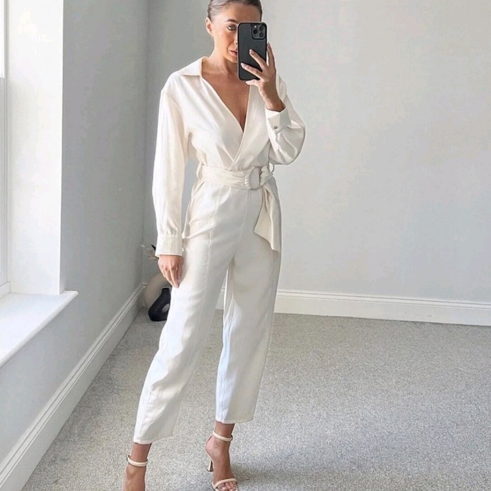 NWT Zara Long Sleeve Wrap Jumpsuit in Oyster White
